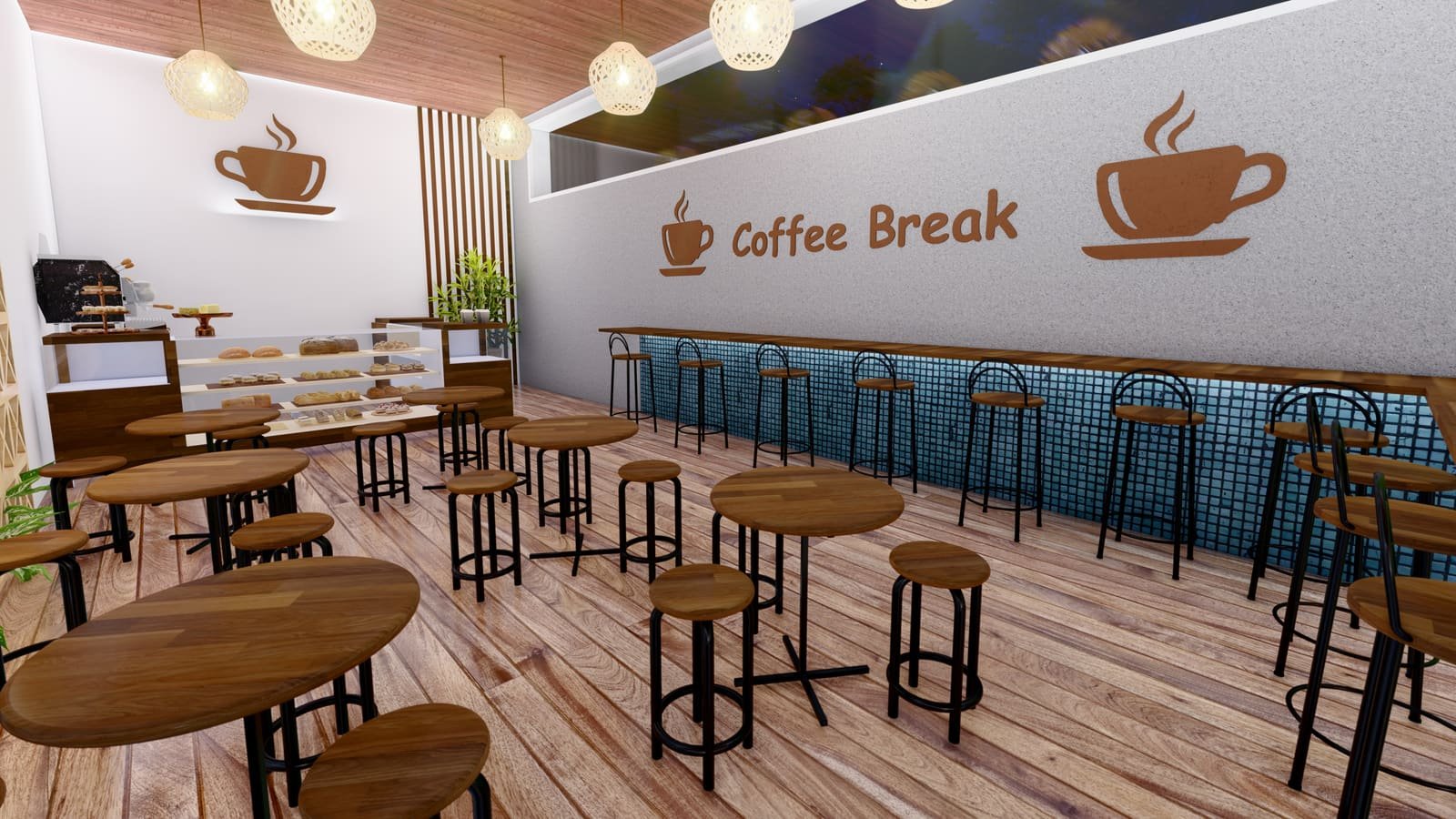 Design de interiores de cafeteria — ambiente noturno