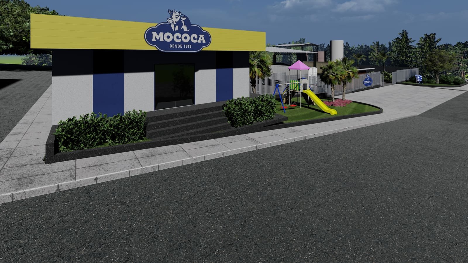 Fachada de unidade industrial com jardim e playground