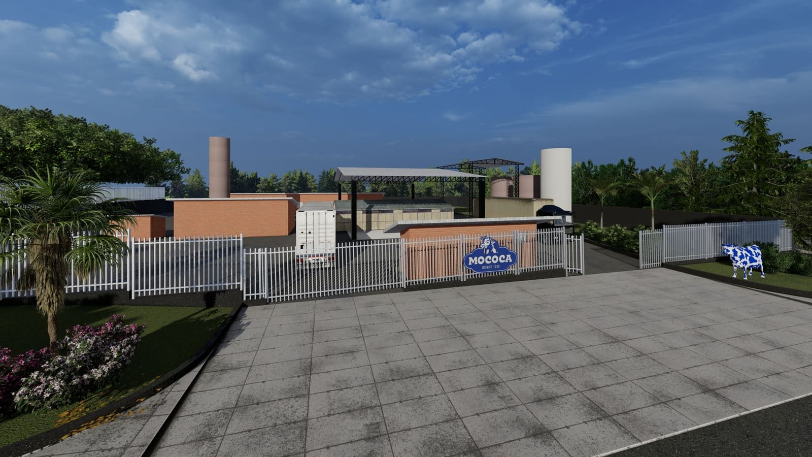 Fachada de unidade industrial com pátio